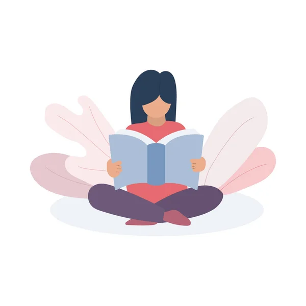 Chica Sentada Suelo Leyendo Libro Vector Ilustración — Vector de stock