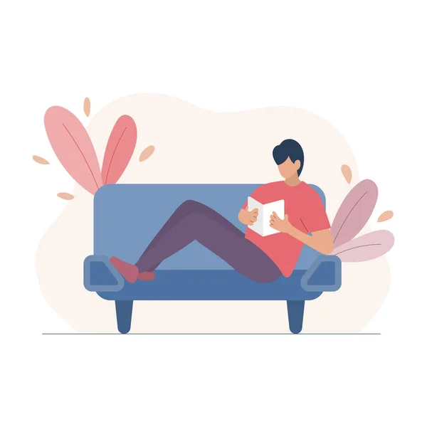 Homme Assis Sur Canapé Lisant Livre Vecteur Illustration — Image vectorielle