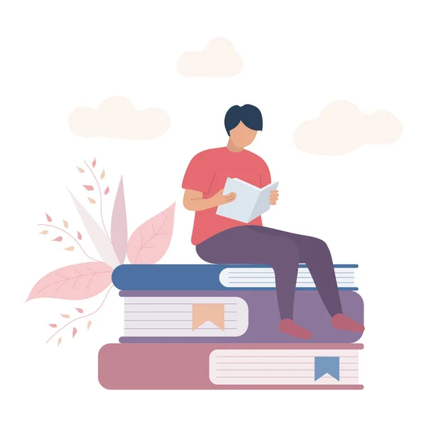 Homme Assis Sur Une Pile Livres Vecteur Illustration — Image vectorielle