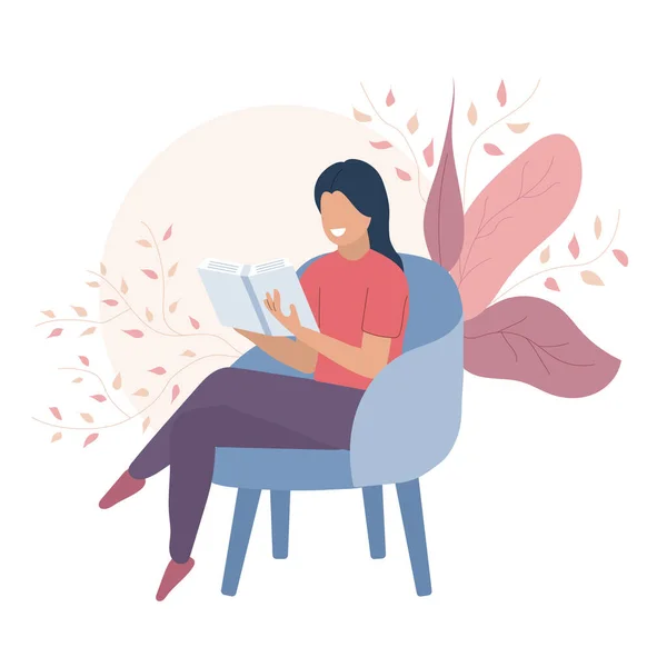 Femme Assise Sur Une Chaise Lisant Livre Vecteur Illustration — Image vectorielle