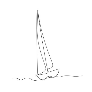 Continuous line drawing of a sailboat in the sea. Minimalism art.