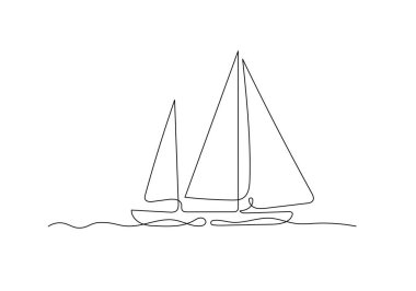 Continuous line drawing of a sailboat in the sea. Minimalism art.