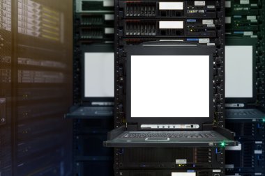 Blank server computer screen in modern interior data Center, server room clipart