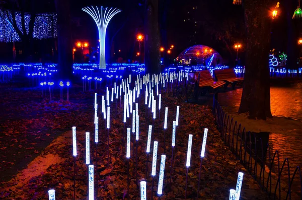 Verlichting in het park, verlichting van diverse installaties, fantasie over het thema licht — Stockfoto