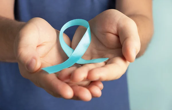 Man Hands Hold Light Blue Prostate Cancer Awareness Ribbon Medicine — Stock Photo, Image