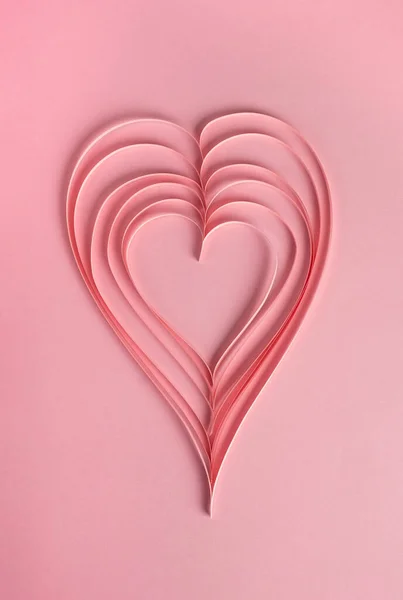 Valentines Day Composition Heart Made Paper Stripes Pastel Pink Background — Stockfoto