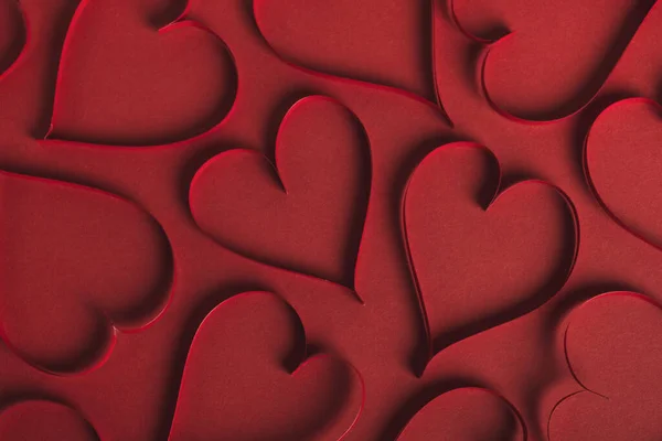 Valentines Day Background Red Hearts Made Paper Stripes Pattern Top — Stockfoto