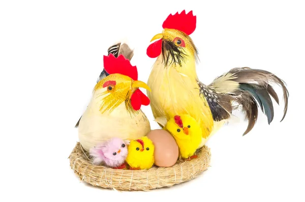 Easter Composition Hen Rooster Yellow Chicks Nest Isolated White Background — Stock Photo, Image