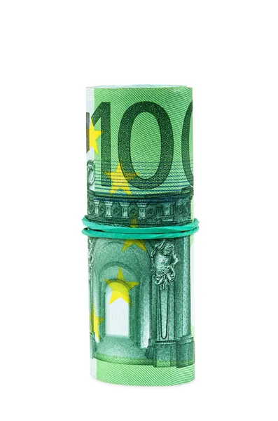 Banknotes of 100 euro rolled with rubber — Stock Photo, Image