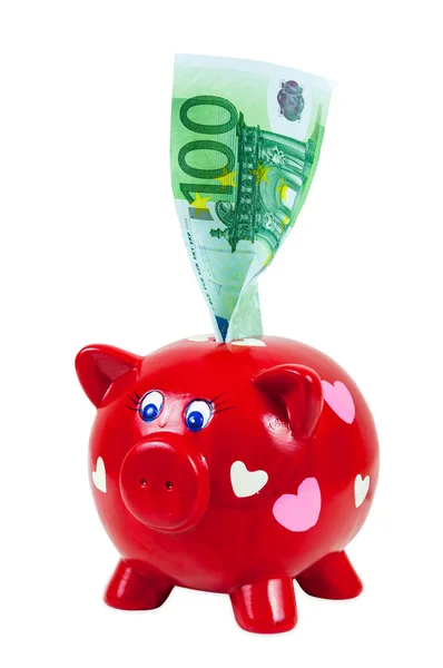 Piggy bank and 100 euro banknote — Stock Photo, Image