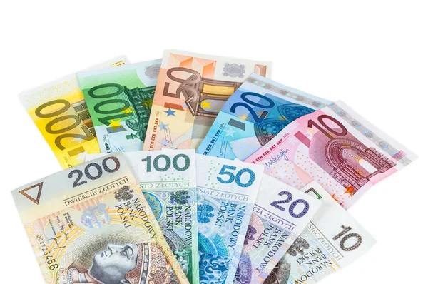 Euro y nuevos billetes zloty pulidos — Foto de Stock