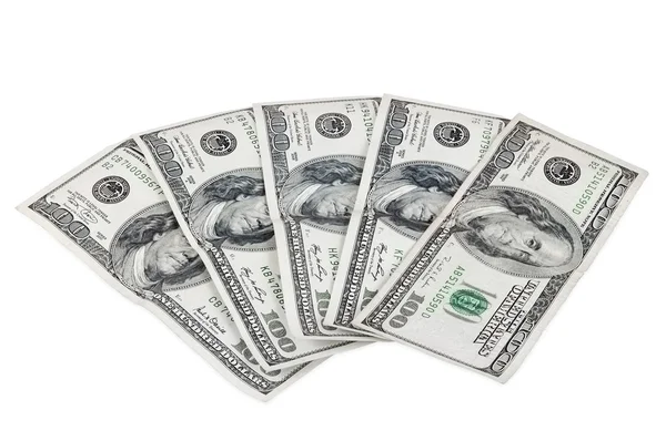Notas de 100 dólares sobre fundo branco — Fotografia de Stock
