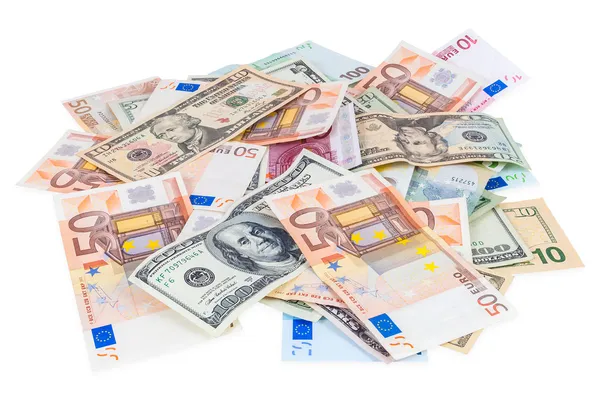 Montón de billetes en dólares y en euros — Foto de Stock