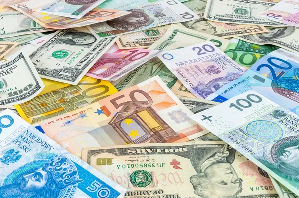Dollar, euro et zloty polonais fond d'argent — Photo