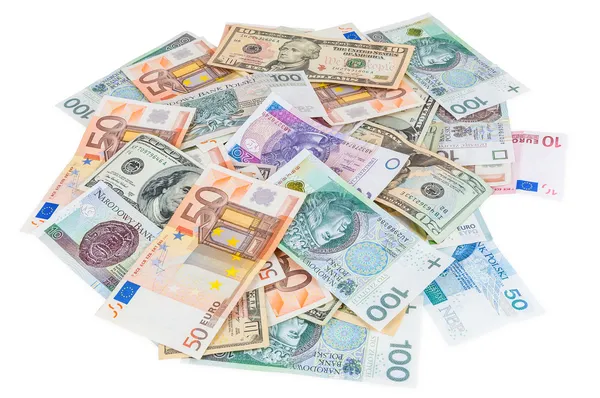 Heap of dollar, euro and polish zloty banknotes — Stock Photo, Image