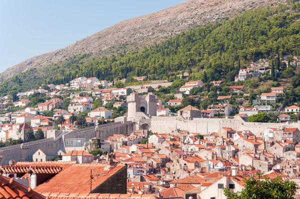 Röda klinkergolv hustaken i staden dubrovnik — Stockfoto