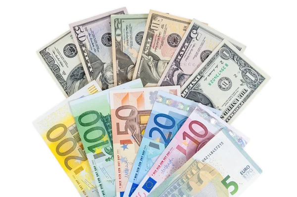 Dollár és az euro-bankjegyek fehér háttér — Stock Fotó