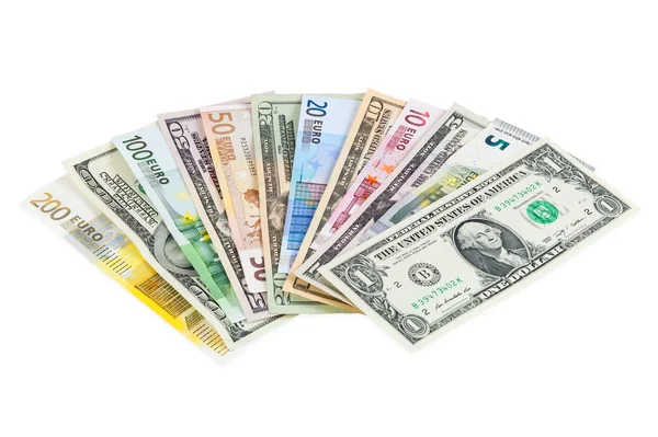 Dólar e notas de euro sobre fundo branco — Fotografia de Stock