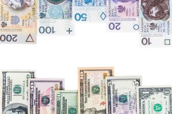 Dólar e notas de zloti polidas — Fotografia de Stock