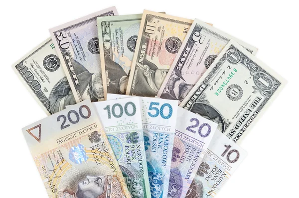 Δολάριο και Πολωνικά Ζλότυ τραπεζογραμματίων — Φωτογραφία Αρχείου