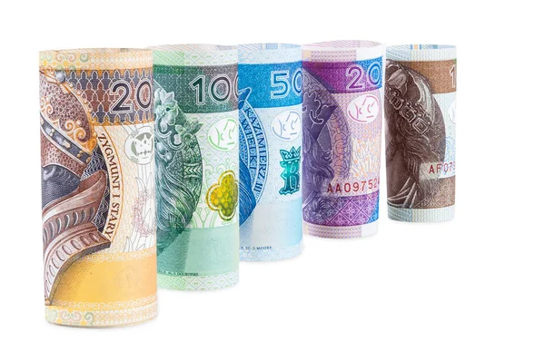 Rolled polish zloty new banknotes — Stock Photo, Image