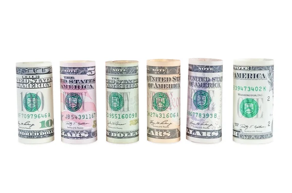 Rolled dollar banknotes on white background — Stock Photo, Image