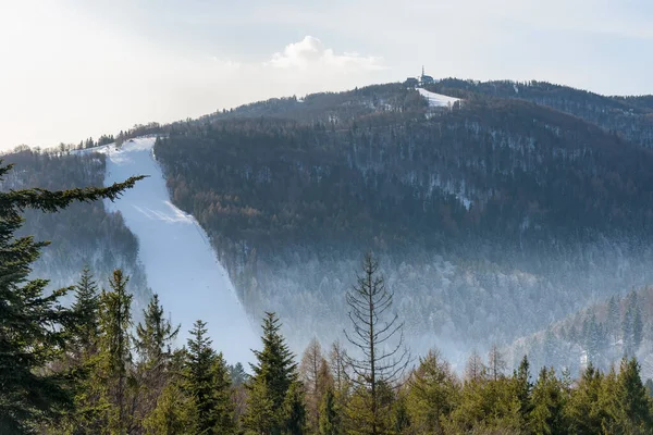 波兰Krynica Zdroj附近Jaworzyna Krynicka山滑雪坡景 — 图库照片