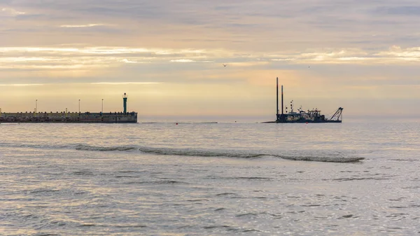 Zonsondergang Uitzicht Haveningang Leba Aan Oostzee Polen — Stockfoto