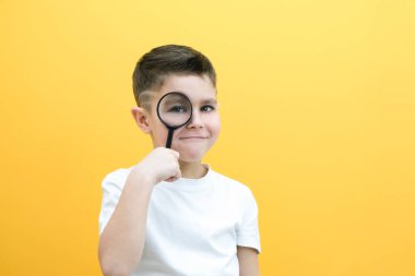 Sıradan giysiler içinde pozitif meraklı bir öğrenci sarı arka plandaki büyüteçten kameraya bakıyor.