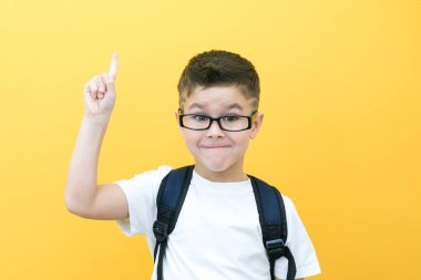 Eureka, gözlüklü yakışıklı çocuk şaşırdı, ilham aldı, bir fikrim var, işaret parmağını kaldır, kopyalama alanı, sarı arka planda izole edilmiş. okul çocuğu