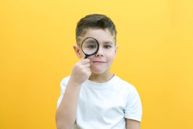 Sıradan giysiler içinde pozitif meraklı bir öğrenci sarı arka plandaki büyüteçten kameraya bakıyor. Sürpriz.