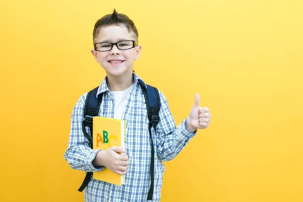 Chłopiec Okularach Odizolowany Żółtej Papierowej Ścianie Świetny Pomysł Szczęśliwy Uśmiechnięty — Zdjęcie stockowe