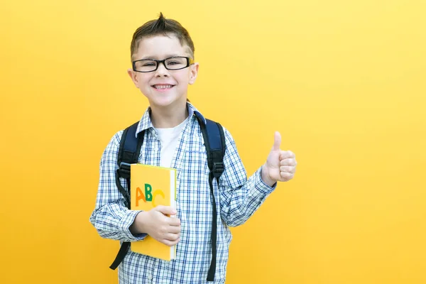 Een Jongen Met Een Bril Geïsoleerd Een Gele Papieren Muur — Stockfoto