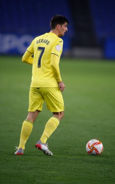 30 Kasım 2021 'de Riazor Stadyumu' nda Victoria CF ile Villarreal arasında oynanan İspanya Kral Kupası maçında Coruna-Spain.Gerard Moreno (forvet) sahada.