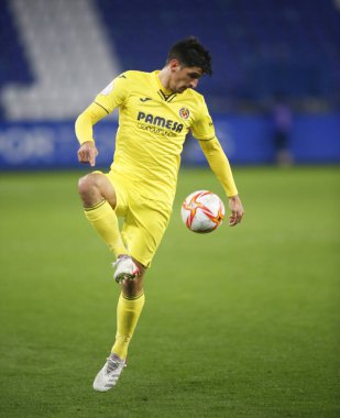 30 Kasım 2021 'de Riazor Stadyumu' nda Victoria CF ile Villarreal arasında oynanan İspanya Kral Kupası maçında Coruna-Spain.Gerard Moreno (forvet) sahada.