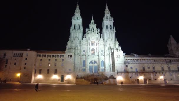 Πρόσοψη Του Καθεδρικού Ναού Του Santiago Compostela Νύχτα — Αρχείο Βίντεο
