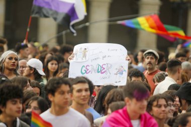 Coruna-İspanya. 28 Haziran 2022 'deki eşcinsel onur yürüyüşü sırasında posterler taşıyan göstericiler.