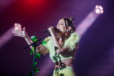 CORUNA, SPAIN - AUGUST 2, 2022: Edurne, performs in concert at Maria Pita square, on August 2, 2022, in A Coruna, Spain.