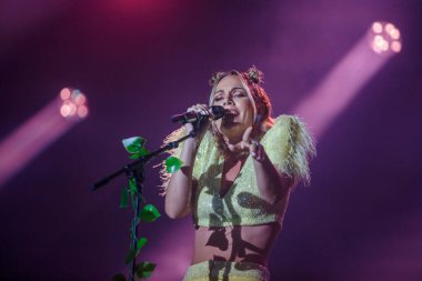 CORUNA, SPAIN - AUGUST 2, 2022: Edurne, performs in concert at Maria Pita square, on August 2, 2022, in A Coruna, Spain.