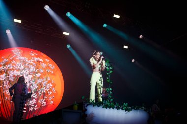 CORUNA, SPAIN - AUGUST 2, 2022: Edurne, performs in concert at Maria Pita square, on August 2, 2022, in A Coruna, Spain.