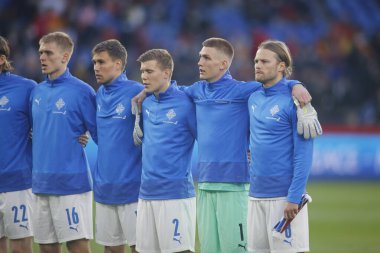 LA CORUNA, SPAIN - MARCH 29: The Iceland team line up for a team photo prior to the international friendly match between Spain and Iceland at Riazor Stadium on March 29, 2022 in La Coruna, Spain clipart