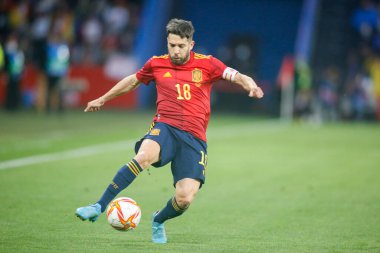 İspanya 'dan Jordi Alba, 29 Mart 2022' de İspanya 'nın La Coruna kentindeki Riazor Stadyumu' nda İspanya ile İzlanda arasında oynanan dostluk karşılaşmasında. (