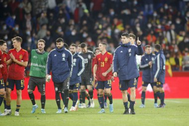 İspanya 'dan Alvaro Morata, 29 Mart 2022' de İspanya 'nın La Coruna kentindeki Riazor Stadyumu' nda oynanan dostluk karşılaşmasında tepki gösterdi.. (