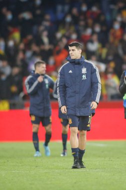 İspanya 'dan Alvaro Morata, 29 Mart 2022' de İspanya 'nın La Coruna kentindeki Riazor Stadyumu' nda oynanan dostluk karşılaşmasında tepki gösterdi.. (