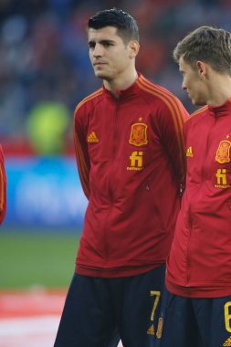 İspanya 'dan Alvaro Morata, 29 Mart 2022' de İspanya 'nın La Coruna şehrinde bulunan Riazor Stadyumu' nda İspanya ile İzlanda arasında oynanan dostluk karşılaşmasında. (