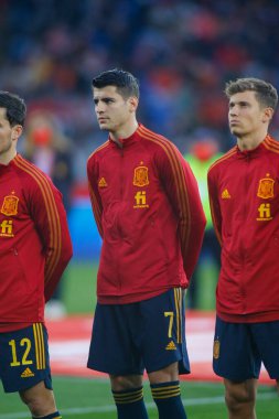 İspanya 'dan Alvaro Morata, 29 Mart 2022' de İspanya 'nın La Coruna şehrinde bulunan Riazor Stadyumu' nda İspanya ile İzlanda arasında oynanan dostluk karşılaşmasında. (