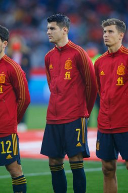 İspanya 'dan Alvaro Morata, 29 Mart 2022' de İspanya 'nın La Coruna şehrinde bulunan Riazor Stadyumu' nda İspanya ile İzlanda arasında oynanan dostluk karşılaşmasında.