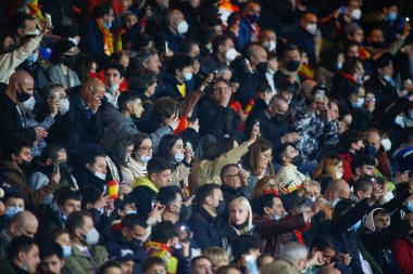 İspanya taraftarları 29 Mart 2022 'de İspanya' nın La Coruna kentinde bulunan Riazor Stadyumu 'nda İspanya ile İzlanda arasında oynanan dostluk karşılaşmasında görüldü.