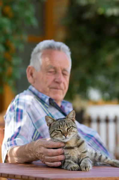 Äldre man med katt — Stockfoto