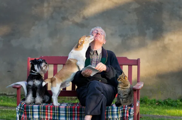 Oude man met zijn huisdieren — Stockfoto